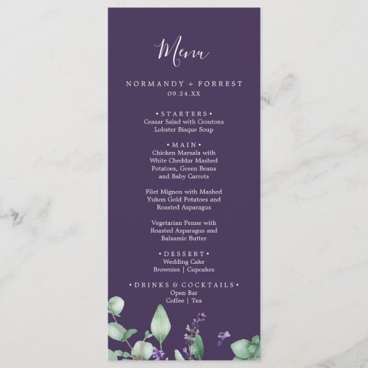 Rustic Lavendel | Paars Huwelijksdiner Menu (Voorkant)