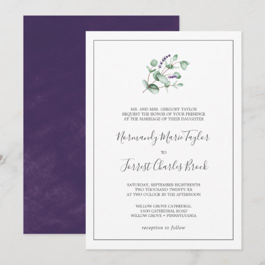 Rustic Lavender and Eucalyptus Formal Wedding Kaart (Voorkant / Achterkant)