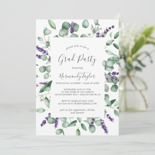 Rustic Lavender and Eucalyptus Graduation Party Kaart (Staand voorkant)