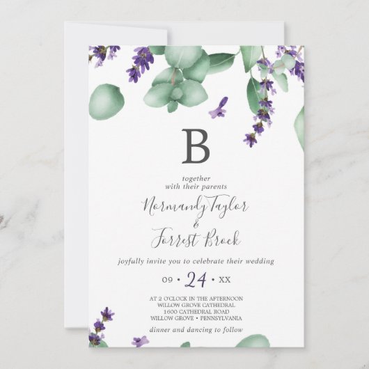Rustic Lavender and Eucalyptus Monogram Wedding Kaart (Voorkant)
