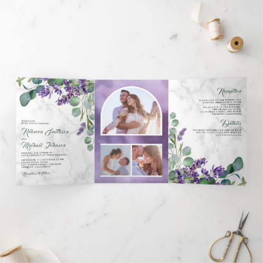Rustic Lavender and Eucalyptus Photo Arch Wedding Drieluik Uitnodiging (Binnen)