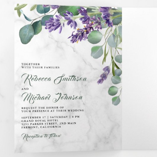 Rustic Lavender and Eucalyptus Photo Arch Wedding Drieluik Uitnodiging (Binnenzijde eerst)