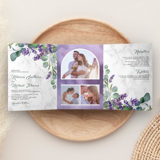 Rustic Lavender and Eucalyptus Photo Arch Wedding Drieluik Uitnodiging
