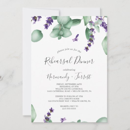 Rustic Lavender and Eucalyptus Rehearsal Dinner Kaart (Voorkant)