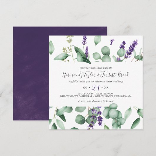 Rustic Lavender and Eucalyptus Square Wedding Kaart (Voorkant / Achterkant)