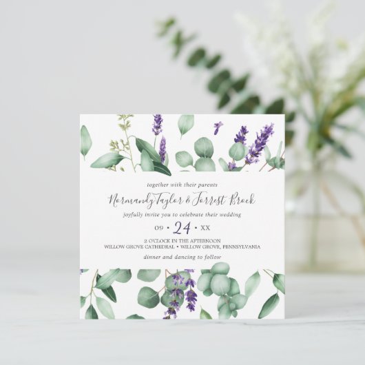 Rustic Lavender and Eucalyptus Square Wedding Kaart (Staand voorkant)