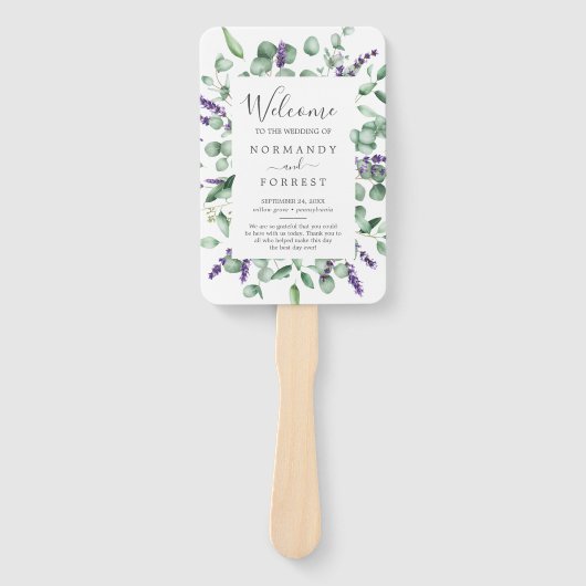 Rustic Lavender and Eucalyptus Wedding Programme F Handwaaier (Voorkant)