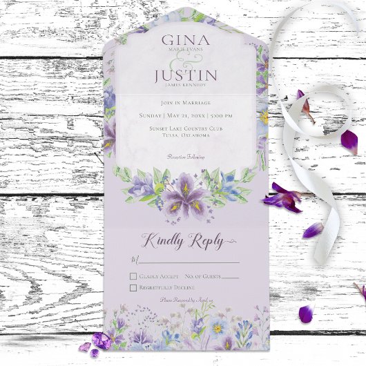 Rustic Lavender & Blue Floral No Dinner All In One Uitnodiging
