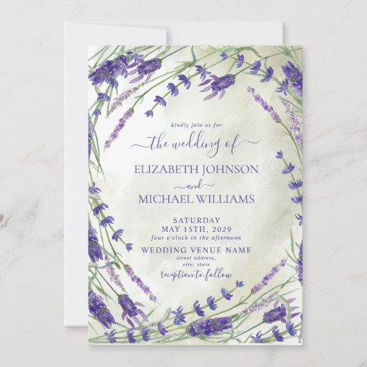 Rustic Lavender Botanical Waterverf Wedding Kaart (Voorkant)
