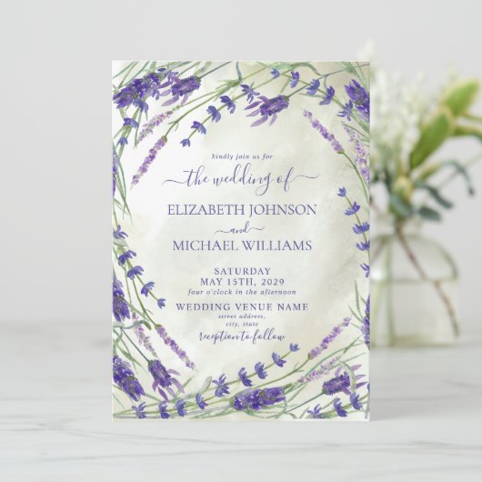 Rustic Lavender Botanical Waterverf Wedding Kaart (Staand voorkant)