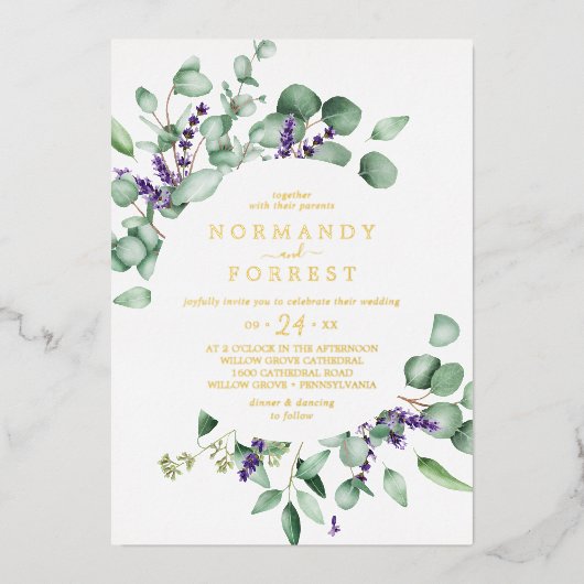 Rustic Lavender | Casual goudbruin bruistoor Folie Uitnodiging (Voorkant)