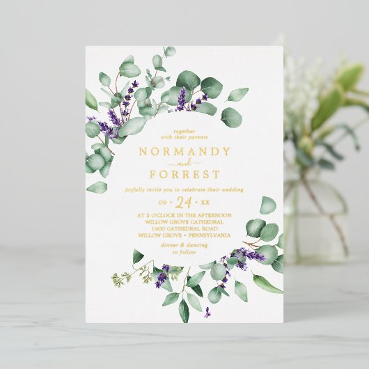 Rustic Lavender | Casual goudbruin bruistoor Folie Uitnodiging (Staand Voorkant)