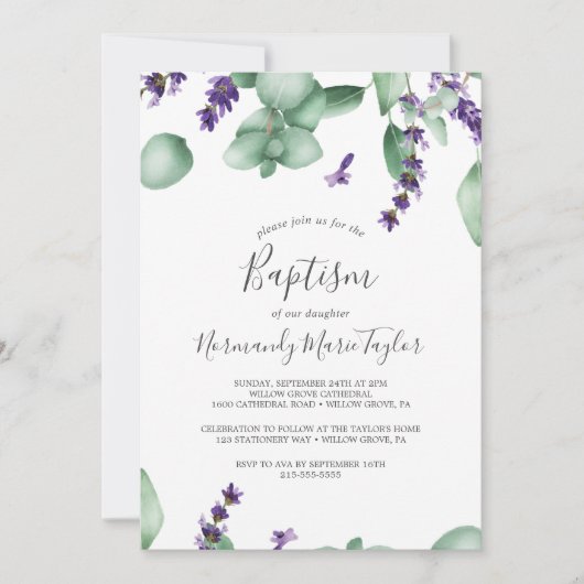 Rustic Lavender en Eucalyptus Baptisme Kaart (Voorkant)