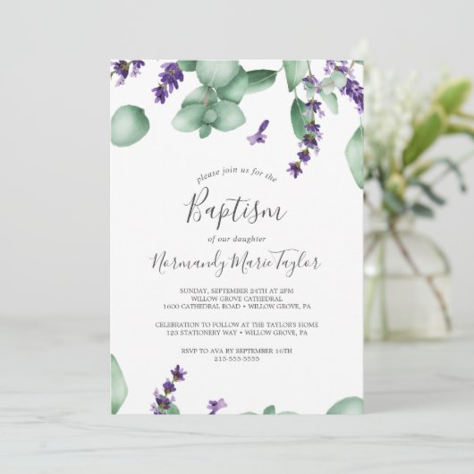 Rustic Lavender en Eucalyptus Baptisme Kaart (Staand voorkant)