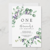 Rustic Lavender en Eucalyptus First Birthday Kaart (Voorkant)