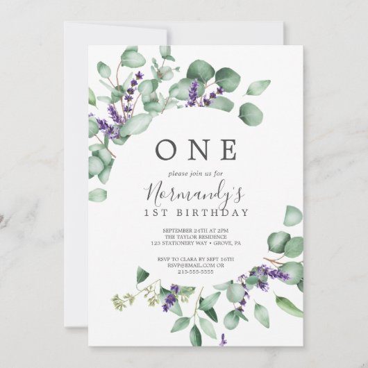 Rustic Lavender en Eucalyptus First Birthday Kaart (Voorkant)