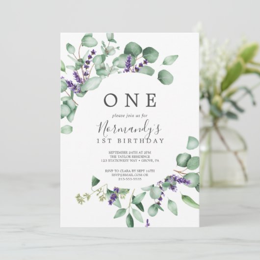 Rustic Lavender en Eucalyptus First Birthday Kaart (Staand voorkant)