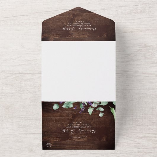 Rustic Lavender en Eucalyptus | Hout Weddenschap All In One Uitnodiging (Buitenkant)