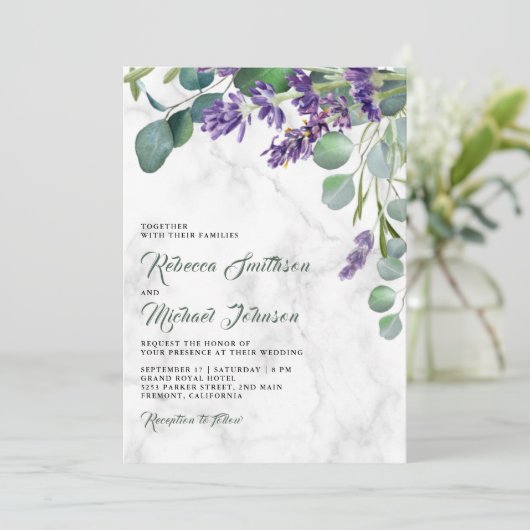 Rustic Lavender en Eucalyptus Marble Wedding Kaart (Staand voorkant)