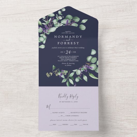 Rustic Lavender en Eucalyptus | Navy Blue Wedding All In One Uitnodiging (Binnen)