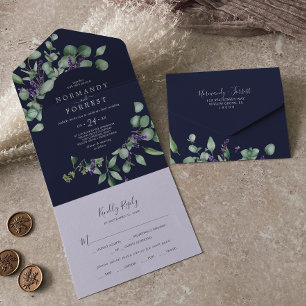 Rustic Lavender en Eucalyptus Navy Blue Wedding All In One Uitnodiging