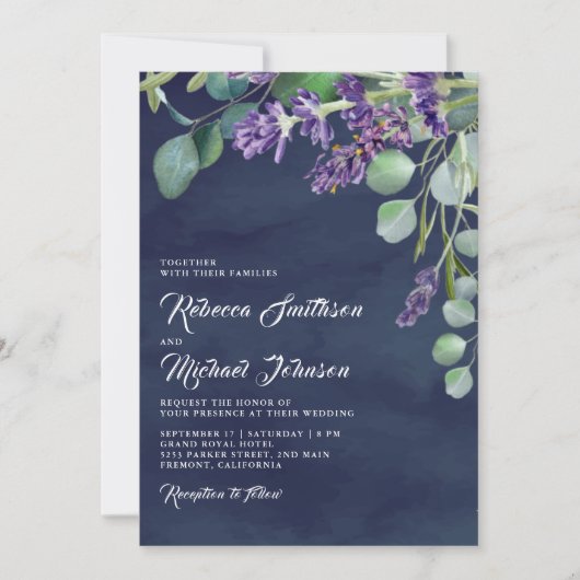 Rustic Lavender en Eucalyptus Navy Blue Wedding Kaart (Voorkant)