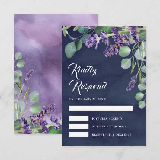 Rustic Lavender en Eucalyptus Navy Blue Wedding RSVP Kaartje (Voorkant / Achterkant)