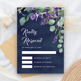 Rustic Lavender en Eucalyptus Navy Blue Wedding RSVP Kaartje