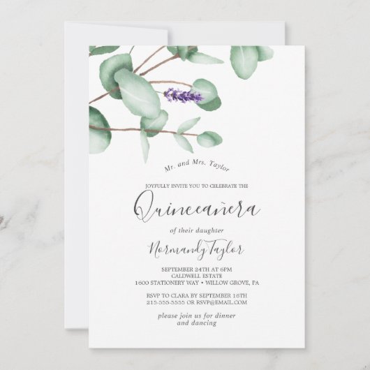 Rustic Lavender en Eucalyptus Quinceañera Kaart (Voorkant)