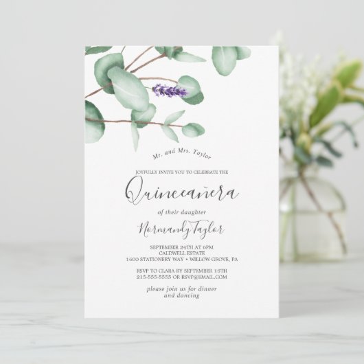 Rustic Lavender en Eucalyptus Quinceañera Kaart (Staand voorkant)