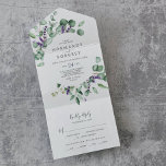 Rustic Lavender en Eucalyptus Wedding All In One Uitnodiging<br><div class="desc">Deze nette lavender en eucalyptusbruiloft in één uitnodiging is perfect voor een eenvoudige en elegante buitenbruiloft. Het bloemontwerp is voorzien van waterverf eucalyptusbladeren en groen met sprigs van paarse wilde bloemen. Schrijf uw gastadressen op de rug van de gevouwen uitnodiging, of koop de coördinerende stickers van het gastenadres (afzonderlijk verkocht)....</div>