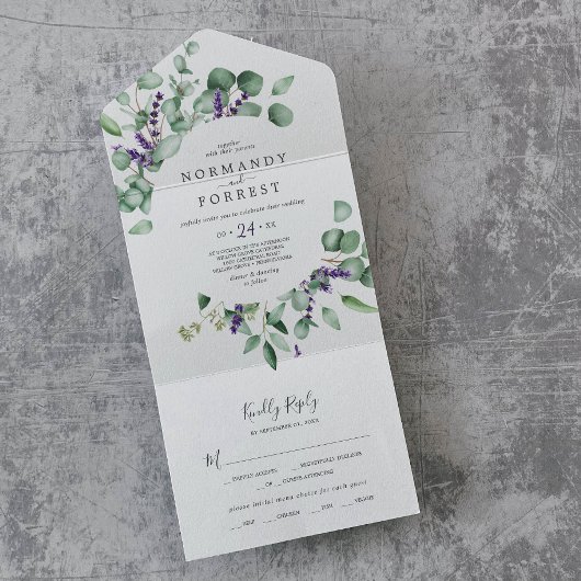 Rustic Lavender en Eucalyptus Wedding All In One Uitnodiging
