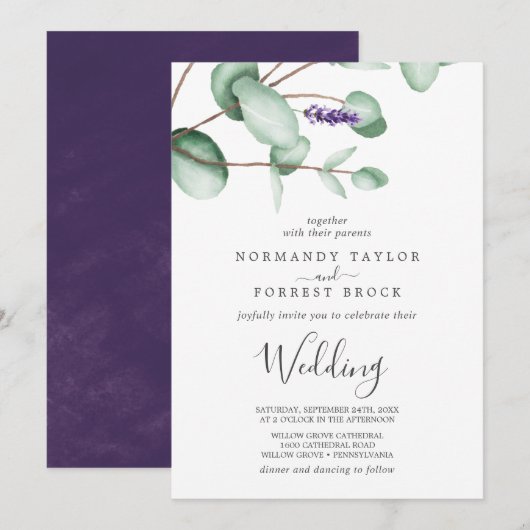 Rustic Lavender en Eucalyptus Wedding Kaart (Voorkant / Achterkant)