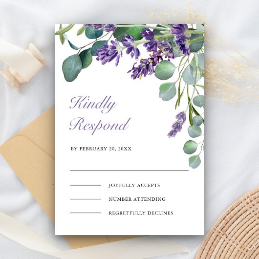 Rustic Lavender en Eucalyptus Wedding RSVP Kaartje