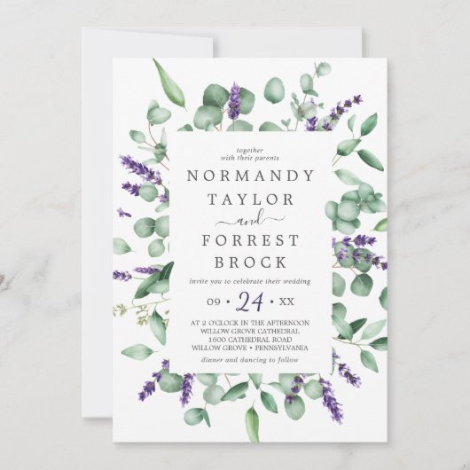Rustic Lavender & Eucalyptus Floral Lijst Wedding Kaart (Voorkant)