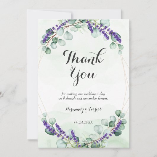 Rustic Lavender Eucalyptus Gold Lijst Wedding Bedankkaart (Voorkant)