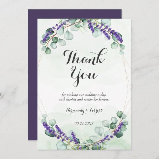 Rustic Lavender Eucalyptus Gold Lijst Wedding Bedankkaart (Voorkant / Achterkant)