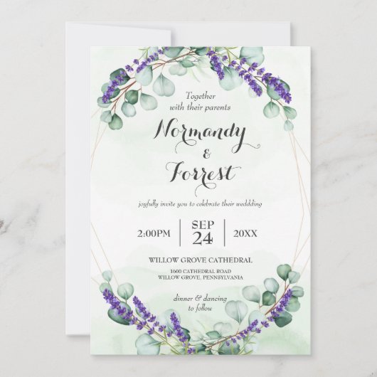 Rustic Lavender Eucalyptus Gold Lijst Wedding Kaart (Voorkant)