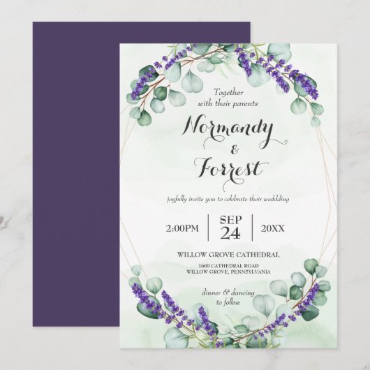 Rustic Lavender Eucalyptus Gold Lijst Wedding Kaart (Voorkant / Achterkant)