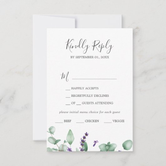 Rustic Lavender & Eucalyptus Menu Keuze RSVP-kaart (Voorkant)
