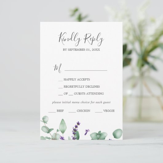 Rustic Lavender & Eucalyptus Menu Keuze RSVP-kaart (Staand voorkant)