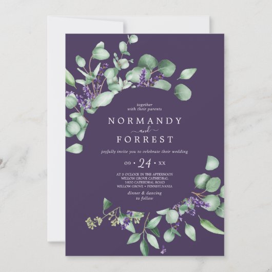 Rustic Lavender & Eucalyptus Paars Casual huwelijk Kaart (Voorkant)