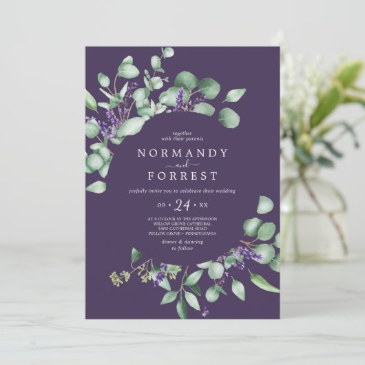 Rustic Lavender & Eucalyptus Paars Casual huwelijk Kaart (Staand voorkant)