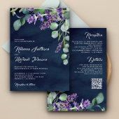 Rustic Lavender Eucalyptus QR Code Navy Weddenscha Kaart