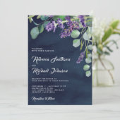 Rustic Lavender Eucalyptus QR Code Navy Weddenscha Kaart (Staand voorkant)