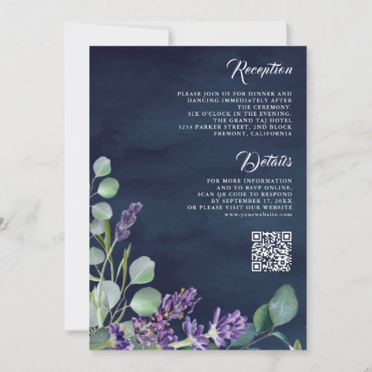 Rustic Lavender Eucalyptus QR Code Navy Weddenscha Kaart (Achterkant)