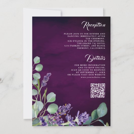 Rustic Lavender Eucalyptus QR Code Paars Weddensch Kaart (Achterkant)