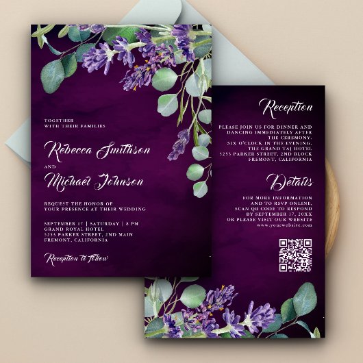 Rustic Lavender Eucalyptus QR Code Paars Weddensch Kaart