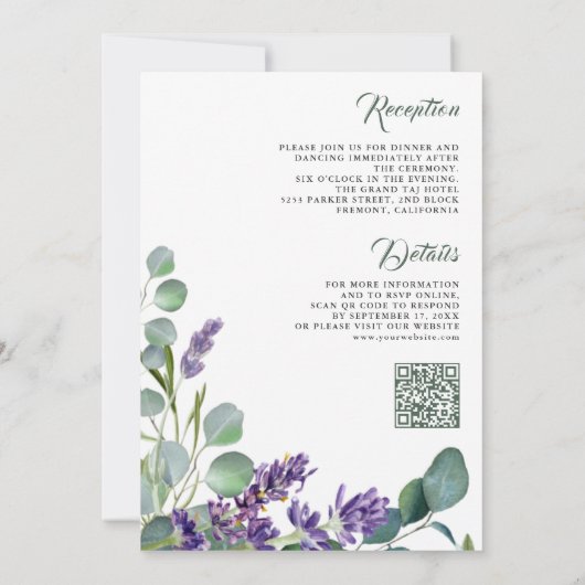 Rustic Lavender Eucalyptus QR Code Weddenschap Kaart (Achterkant)