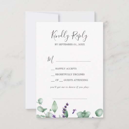 Rustic Lavender & Eucalyptus Song Request RSVP Kaartje (Voorkant)